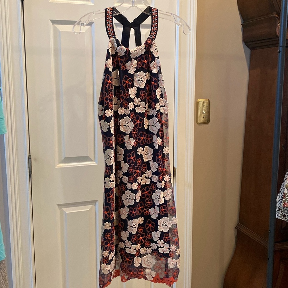 Laundry by Shelli Segal, 8, navy underlay with coral and white, scalloped hem